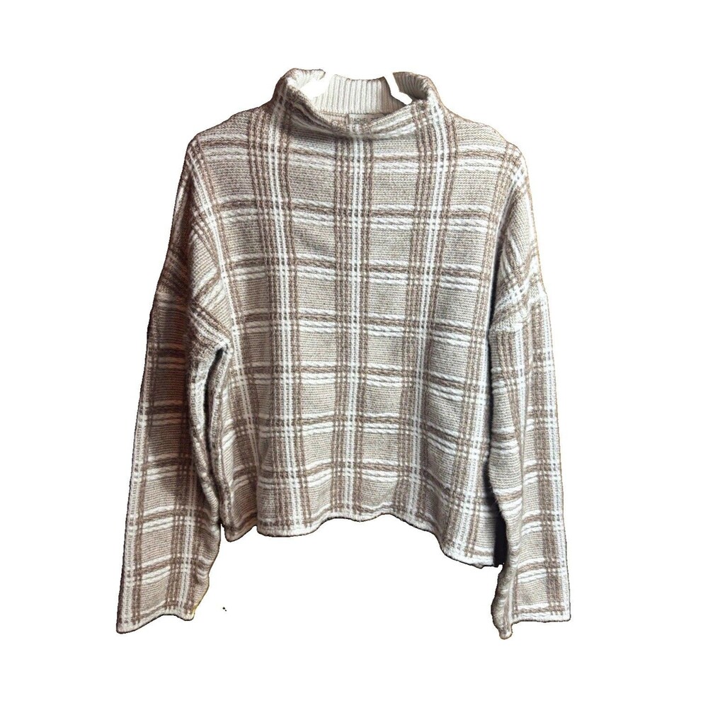Rachel Zoe Women’s XL Beige White Plaid Rib-Knit Turtleneck Pullover Sweater